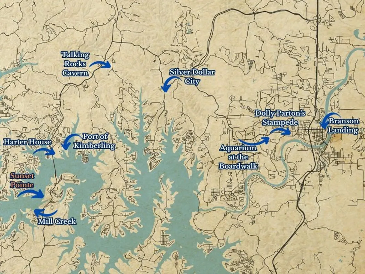 A dynamic collage of Branson’s most popular attractions, featuring landmarks like Silver Dollar City, Talking Rocks Cavern, Dolly Parton’s Stampede, Aquarium at the Boardwalk, and Branson Landing. The image includes colorful logos and activity photos, giving a visual overview of the variety of local experiences available.