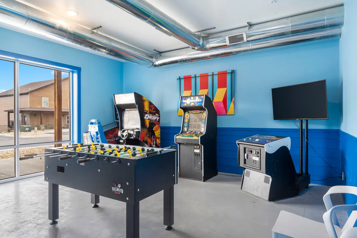 This vibrant room is equipped with a foosball table, multiple arcade machines, a large window letting in natural light, colorful wall art, and a television. The overall mood is lively and perfect for group gaming sessions and socializing.